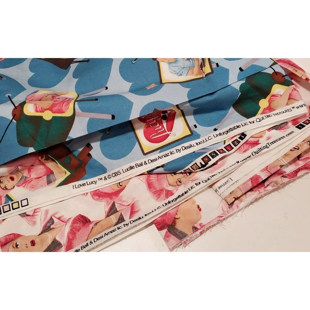 Lot of 2 Quilting Treasures I Love Lucy Fabric Remnants Pink Hat, Blue heart new